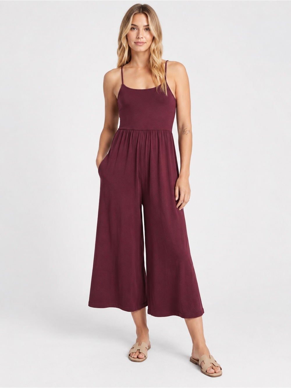 Athleta Nightime Bliss Romper Wide Leg Jumpsuit Jersey Burgundy Small